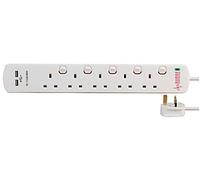 PRO ELEC PELB1966 - 5-Gang Switched Surge-Protected Extension Lead with USB, 2 m, White