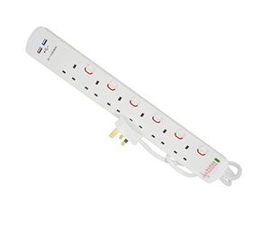 PRO ELEC PELB1967 - 6-Gang Switched Surge-Protected Extension Lead with USB, 2 m, White