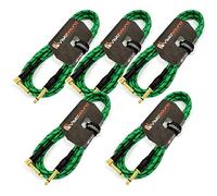 Pro Guitar Lead 6.35mm Angled Jack Braided Cable 5 Pack (Green/Black, 6m) | 5 x Premium Noiseless OFC Instrument Cable for Electric Guitar, Bass, Keyboard