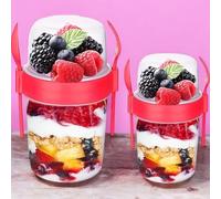Pro Home 2-Set Muesli Cups With Spoon & Fork 650+1100ml Reusable Dishwasher Safe Yoghurt Pots With Lid Cereal Breakfast Lunch On The Go Snack Overnight Oats Jar Container(Red 650ml+ 1100ml)