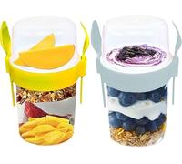 Pro Home 2 Set Muesli Pots 650ml With Spoon, Fork & Lid Reusable BPA-Free Cereal Cup On The Go Breakfast Pots Yoghurt And Granola Overnight Oatmeal Jars Container (Grey & Yellow, 650ml)