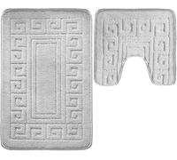 Pro Home Bath Mat Sets 2 Piece Washable 50x80cm - Non-Slip Toilet Mat and Pedestal Mat with Greek Pattern - Soft, Quick-Dry, Absorbent, Machine Washable, Ideal for Daily Use. (Grey)