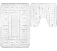 Pro Home Bath Mat Sets 2 Piece Washable 50x80cm - Non-Slip Toilet Mat and Pedestal Mat with Greek Pattern - Soft, Quick-Dry, Absorbent, Machine Washable, Ideal for Daily Use.(White)