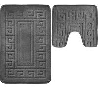 Pro Home Bath Mat Sets 2 Piece Washable 50x80cm - Non-Slip Toilet Mat and Pedestal Mat with Greek Pattern - Soft, Quick-Dry, Absorbent, Machine Washable, Ideal for Daily Use. (charcoal)