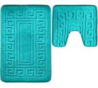 Pro Home Bath Mat Sets 2 Piece Washable 50x80cm - Non-Slip Toilet Mat and Pedestal Mat with Greek Pattern - Soft, Quick-Dry, Absorbent, Machine Washable, Ideal for Daily Use. (Teal)