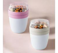 Pro Home MIXME Overnight Oats Jar Container 650ml | On-The-Go Cereal Cups Dual Compartments Yoghurt Pot & Muesli Cup With Lid & Spoon BPA Free Portable Leak-Proof Yogurt Pots (Set of Beige & Pink)