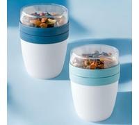 Pro Home MIXME Overnight Oats Jar Container 650ml | On-The-Go Cereal Cups Dual Compartments Yoghurt Pot & Muesli Cup With Lid & Spoon BPA Free Portable Leak-Proof Yogurt Pots (Set of Navy & Blue)