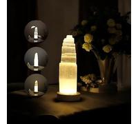 Pro Home Selenite Crystal Lamp: USB LED Mountain Tower, Dimmable 3-Color, Wood Base, Table Lamp, Healing, Meditation, Decoration, Gift