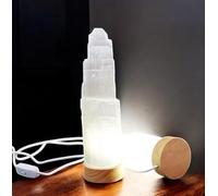 Pro Home Selenite Crystal White Light USB LED Lamp Wooden Base Natural Selenite Spiritual Energy Healing Meditation Recharge Crystal Mountain Tower Lamp Home Decoration Gift (15cm)