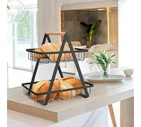 Pro Kitchen Quality 2 Tier Fruit Bowl Basket Detachable Kitchen Countertop Organizer for Bread, Fruits, Vegetables, Snacks, Metal Vegetable Storage Rack, Black with wooden handle. Easy