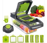 Pro Kitchen Vegetable Chopper and Dicer with Storage Container, 12-in-1 Manual Food Slicer with Interchangeable Blades, Black and Green