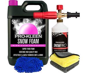 Pro-Kleen Bubblegum pH Neutral Snow Foam 5L with Snow Foam Lance, Microfibre Wash Mitt & 2 x Microfibre Cloth - Produces Thick Foam to Remove Dirt Grime, Grease and More, Pre-Wash