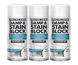Pro-Kleen Damp & Stain Block Spray Paint Primer White Matt 3 x 500ml - Covers Damp, Mould, Grease, Nicotine & Rust Stains - for Walls & Ceilings - Leaves a Waterproof Barrier