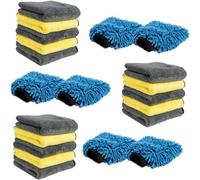 Pro-Kleen Microfibre Cloth 1000Gsm Cleaning Towel For Car Or Home, 15 Thick Commercial Grade Cloths And 6 Vehicle Washing Mitts