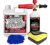 Pro-Kleen Super Cherry Snow Foam 1 Litre Car Shampoo, Pro-Kleen Snow Foam Lance, Microfibre Wash Mitt & 2 x Microfibre Cloths - Produces Thick Foam - pH Neutral