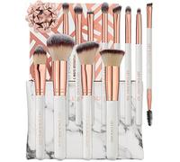 Pro Makeup Brush Set with Case - 12 Rose Gold Vegan Makeup Brushes for Face, Eye & Foundation with Marble Make Up Bag, Lily England