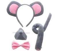Pro-Noke 4Pcs Mouse Ears and Tail Costume Set Rat Ears Headband Nose Bowtie Tails Mouse Costume Set Fancy Dress Accessories for Adults World Book Day Cosplay Birthday Party Dress Up (Pink)