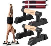 PRO Parallettes Bars for Calisthenics with Wooden Beech Handles | Wrist Support Wrap Included | Heavy-Duty Steel Base | Push-Up, L-Sit, Planche & Handstand Training Bars for Home, Outdoor & Gym Use