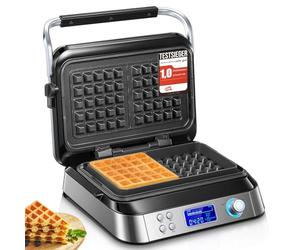 Pro Smart Waffle Maker, Non-Stick, 7 Browning Levels, 5 Programmes, Family Size, Digital Display, Overflow Protection, 1600W, Countdown Timer, Audible Alerts (Silver)
