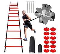 Pro Speed & Agility Training Set-Includes 12 Rung 20ft Adjustable Agility Ladder with Carrying Bag, 12 Disc Cones, 4 Steel Stakes, 1 Resistance Parachute, Use Equipment to Improve Footwork Any Sport