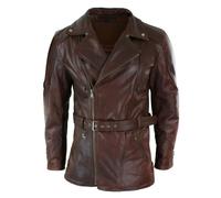 Pro Speed Men's Cross Zip Belted Black 3/4 Motorcycle Biker Long Leather Jacket CE Armour - 2XL