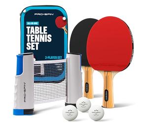 PRO-SPIN Portable Ping Pong Set with Retractable Ping Pong Net for Any Table, All-in-One Table Tennis Set with Table Tennis Bats, Balls & Case, TableTop Family Game (Red, 2-Player Set)