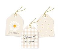 Pro Supply Global 24 Count of 2.5 Inch x 3 Inch Pre Strung Beige Daisies Gift Tag Assorted Printed Designs on Large Cardstock Gift Hang Tags - Ideal to Use on Bags