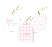 Pro Supply Global 24 Count of 2.5 Inch x 3 Inch Pre Strung Pink Bows and Roses Gift Tag Assorted Printed Designs on Large Cardstock Gift Hang Tags - Ideal to Use on Bags