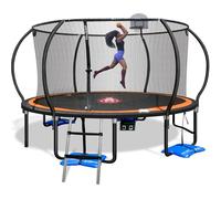 Pro Trampoline 12ft, 14ft and 15ft and Multiplay Enclosure: Basketball Hoop, Safety Net, Electron Trigger, Water Anchors, Lite Flash Zone, W Leg Stability, Poles