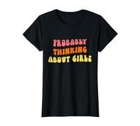 Probably Thinking About Girls - Funny Lesbian Pride WLW T-Shirt, Women, Black, Small