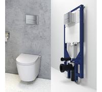 Probaty Bathrooms Rimless Wall Hung Toilet 1.14M Concealed Cistern Frame Set Chrome Square Flush Plate Soft Close Seat Round Wc