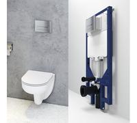 Probaty Bathrooms Rimless Wall Hung Toilet Round 1.14M Concealed Cistern Frame Set Chrome Square Flush Plate Uf Soft Close Seat