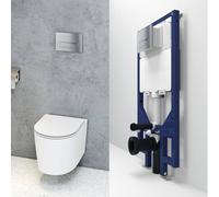 Probaty Bathrooms Round Rimless Wall Hung Toilet 1.14M Concealed Cistern Frame Set Chrome Square Flush Plate Uf Soft Close Seat