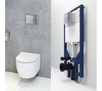 Probaty Bathrooms Round Wall Hung Toilet Rimless 1.14M Concealed Cistern Frame Set Chrome Square Flush Plate Uf Soft Close Seat