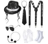 Probeauty Pop Star Costume 70s 80s Disco Rock Super Star Dance Cosplay Accessories - Gloves Hat Sunglasses Tie Sequin Strap Black Fedora Wig Hat + 70s 80s Disco Dance Star Accessories