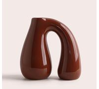 PROBENEX Brown Ceramic Vase - Glossy Chestnut Finish, Modern Curved Handle Design, Minimalist Sculptural Accent for Table, Shelf, or Entryway (7.5 inch)