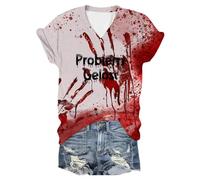 Problem Solved Halloween T-Shirt Women's V-Neck Blood Splash Tops Female Short Sleeve Horror Bloody Handprints T Shirt Letter Printed Festive Street Clothing Leisure, R Brick Red, XL