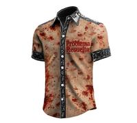 Problem Solved Men's Halloween Shirt Men's Casual Shirt Button Down Shirts Blood Splash Print Short Sleeve Shirt with Horror Bloody Summer Shirt Outdoor Fashionable Carnival Costume, Win1, 3XL
