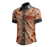 Problem Solved Men's Halloween Shirt Men's Casual Shirt Button Down Shirts Blood Splash Print Short Sleeve Shirt with Horror Bloody Summer Shirt Outdoor Fashionable Carnival Costume, Red 2, L