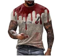 Problem Solved Men's Short Sleeve T-Shirt Halloween T-Shirt Men with Blood Splashes, Bloody T-Shirts, Crew Neck with I'm Fine Letter Print Blood T-Shirt Horror Bloody Short Sleeve Sports Shirt Fashion