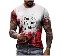 Problem Solved Men's T-Shirt, Plus Size, Halloween T-Shirt Men with Blood Splashes, Bloody Tshirts with I'm Fine Letter Print, Horror Bloody T-Shirt, Short Sleeve Blood Sports Shirt, Fashion Tee
