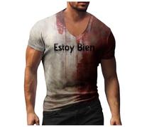 Problem Solved Men's T-Shirt with V-Neck, Halloween T-Shirt Men with Blood Splashes, Bloody T-Shirts, Scary Letter Print, Horror Bloody T-Shirt, Short Sleeve Tops, Casual Tee Shirts Top, Red