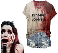 Problem Solved T Shirt,Problem Solved Bloody Shirt,I'M Fine Bloody Shirt Women Funny Halloween Blood Horror Clothes Gift Blood Splatter Top,Casual Funny Halloween Cloth Bloody Shirt (Sand, 3XL)