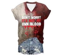 Problem Solved T-Shirt Women Blood Stain Halloween Costume Tee Halloween Casual Blood Graphic Shirt Halloween Blood Clothing I'm Fine Tshirt Blood Short Sleeve Shirt Stain Hand Blood Splash T-Shirts
