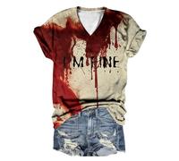Problem Solved T Shirt Women V Neck Halloween Costume Women's Bloody Horror Tee Shirt Halloween Women Blood Short Sleeve T Shirt Vampire Costume Zombie Costume Halloween Tshirt Blood, #04-black, 3XL
