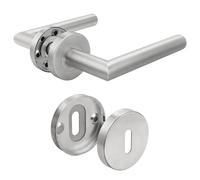 Probrico 1 Pack Brushed Nickel Door Lever Lock On Rose,Round Door Handle Set with T-Bar Door Handles and Escutcheons Concealled Key Hole for Interior Doors Requiring Key Locking,No Latch Included