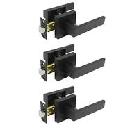 Probrico 3 Pack Square Interior Passage Door Lever for Hallway Stainless Steel Closet Two Sides Flat Reversible Door Handle with Latch Black