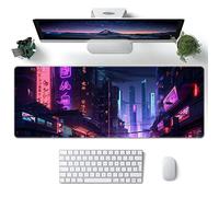 ProbTis Large Cyberpunk Mouse Pad, Gaming Cool Desk Pad, Extended Japanese Keyboard Mat, Neon Tokyo Mouse Pad, Stitched Edges, Non-Slip Rubber Base, 31.5”x11.8” (Dark City)