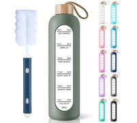PROBTTL 32 Oz Borosilicate Glass Water Bottle with Time Marker Reminder Quotes, 1 Liter Leak Proof Reusable BPA Free Motivational Water Bottles with Silicone Sleeve and Bamboo Lid (Olive)