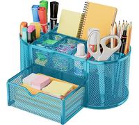 ProBytes Wiremesh Penholder/Desk Organiser - 8 Compartments 1 Drawer, Office Study Table Caddy. Workspace, Library, School, Classroom Stationery, Easy Clean Rustproof Coated Metal, Non-slip - Blue